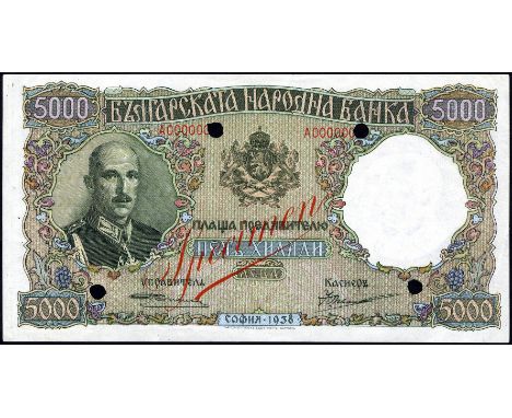 Bulgaria, P 57s1, Bulgarian National Bank, 5,000 Leva, 1938, SPECIMEN. Portrait of King Boris III at left on front. New bank 