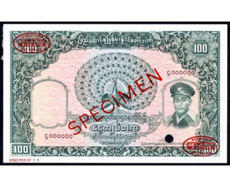 Burma, P 51s, Linzmayer B814as, Union Bank of Burma, 100 Kyats, (1958), SPECIMEN. Peacock at center, portrait of General Aung