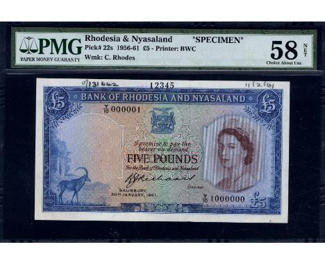 Rhodesia & Nyasaland, P 22s, Linzmayer B103b10s, Bank of Rhodesia and Nyasaland, 5 Pounds, 30 January, 1961, SPECIMEN. Sable 