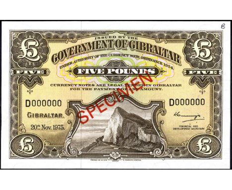 Gibraltar, P 19s, Linzmayer B117hs, Government of Gibraltar, 5 Pounds, 20 November 1975, SPECIMEN. Rock of Gibraltar on front