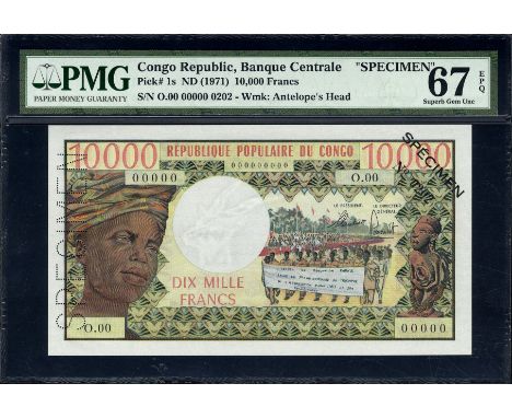 Congo Republic, P 1, Linzmayer B101a, Banque Centrale, 10,000 Francs, (1971). Young woman with head scarf; men marching with 