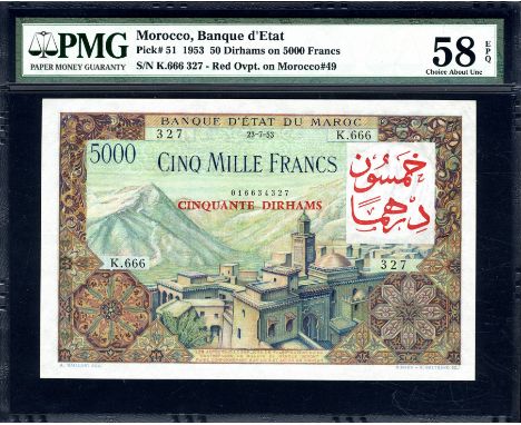 Morocco, P 51, Linzmayer B237a, Banque d’État du Maroc, 50 Dirhams on 5,000 Francs, 23 July 1953. French text; Middle Atlas m