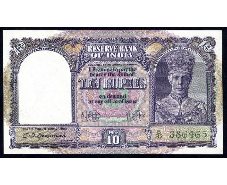 India, P 24, Jhunjhunwalla/Razack 4.6.1, Reserve Bank of India, 10 Rupees, (1943). Portrait of King George VI at right on fro