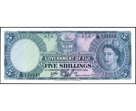 Fiji, P 51e, Government of Fiji, 5 Shillings, 1 October 1965. Arms at upper center, portrait of Queen Elizabeth II at right o