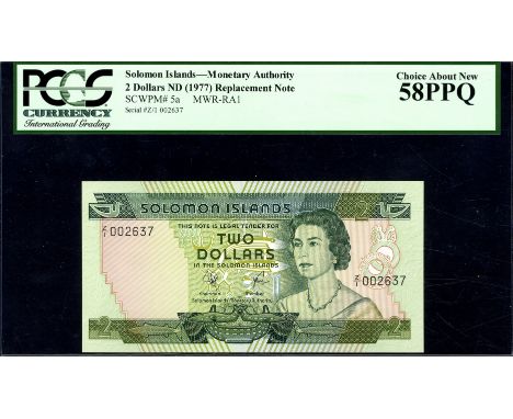 Solomon Islands, P 5ar, Linzmayer B101ar, MWR RA1, Solomon Islands Monetary Authority, 2 Dollars, (1977), REPLACEMENT, LOW SE
