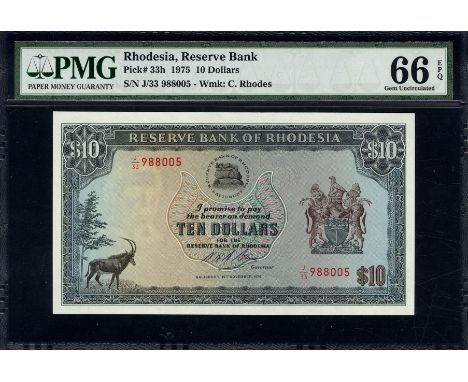 Rhodesia, P 33h, Linzmayer B110h, Reserve Bank of Rhodesia, 10 Dollars, 19 November 1975. Sable antelope; trees; leaves; bank