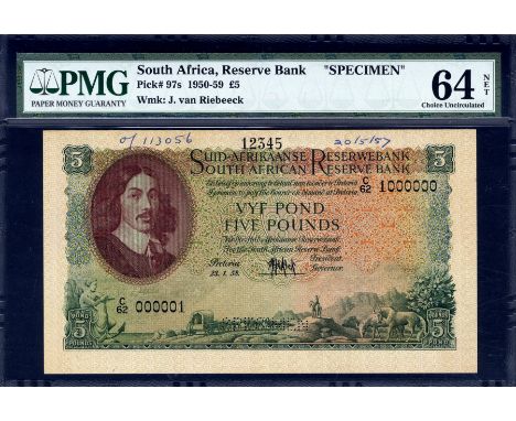 South Africa, P 97cs, South African Reserve Bank, 5 Pounds, 23 January 1958, SPECIMEN. Portrait of Jan van Riebeeck at left o