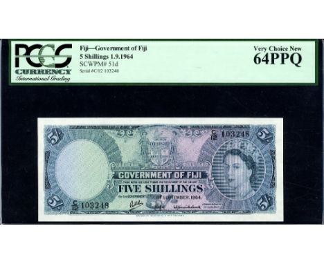 Fiji, P 51d, Government of Fiji, 5 Shillings, 1 September 1964. Coat of arms of Fiji at upper center, portrait of Queen Eliza