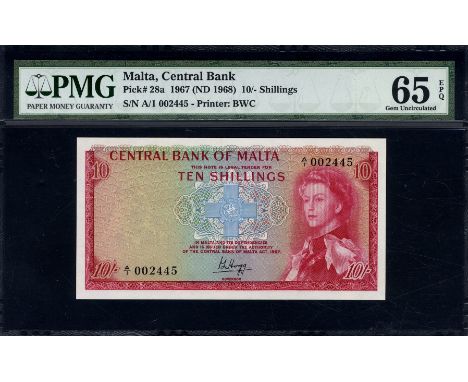 Malta, P 28a, Linzmayer B201a, Central Bank of Malta, 10 Shillings, L.1967. George Cross at center, portrait of Queen Elizabe
