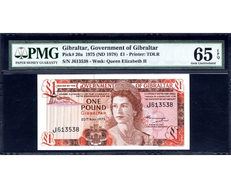 Gibraltar, P 20a, Linzmayer B118a, Government of Gibraltar, 1 Pound, 20 November 1975. Rock of Gibraltar; coat of arms of cas