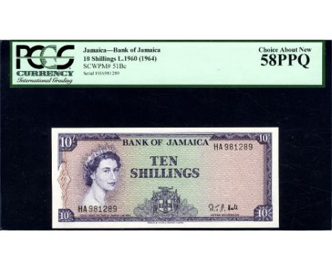 Jamaica, P 51Bc, Linzmayer B205c, Bank of Jamaica, 10 Shillings, L.1960. Portrait of Queen Elizabeth II at left, English mott