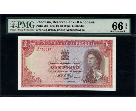 Rhodesia, P 28a, Linzmayer B105d, Reserve Bank of Rhodesia, 1 Pound, 14 October 1968. Flowers; leaves; coat of arms; Queen El
