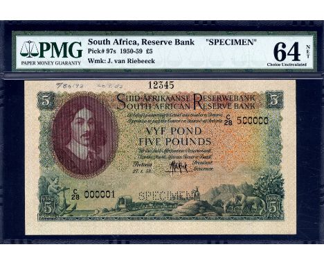 South Africa, P 97bs, South African Reserve Bank, 5 Pounds, 27 January 1953, PROOF. Portrait of Jan van Riebeeck at left on f
