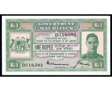 Mauritius, P 26, The Government of Mauritius, 1 Rupee, (1940). Coat of arms of Mauritius at left, portrait of King George VI 