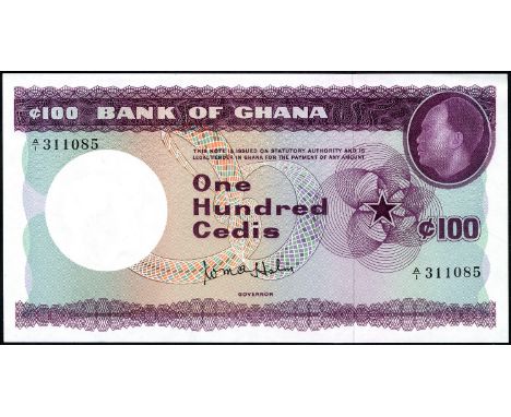 Ghana, P 9a, Linzmayer B109a, Bank of Ghana, 100 Cedis, (1965). Portrait of Kwame Nkrumah at upper right on front. Signature 