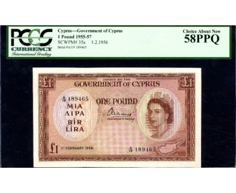 Cyprus, P 35a, Linzmayer B135b, Government of Cyprus, 1 Pound, 1 February 1956. Portrait of Queen Elizabeth II at right, map 