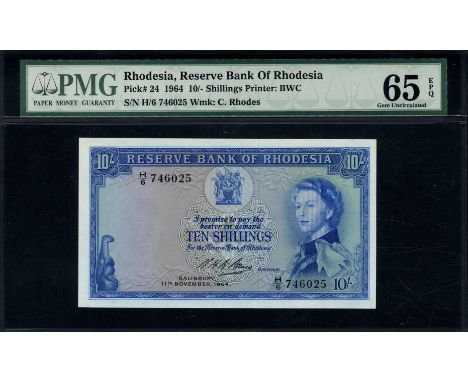 Rhodesia, P 24a, Linzmayer B101f, Reserve Bank of Rhodesia, 10 Shillings, 11 November 1964. Zimbabwe bird; leaves; coat of ar