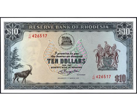 Rhodesia, P 33b, Linzmayer B110j, Reserve Bank of Rhodesia, 10 Dollars, 1 March 1976. Sable antelope; trees; leaves; bank log