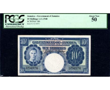Jamaica, P 38b, Linzmayer B107b, Government of Jamaica, 10 Shillings, 1 November 1940. Portrait of King George VI at left on 