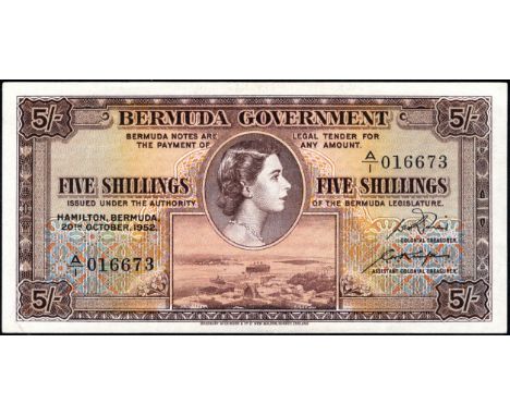 Bermuda, P 18a, Linzmayer B119a, Bermuda Government, 5 Shillings, 20 October 1952. Portrait of Queen Elizabeth II at upper ce