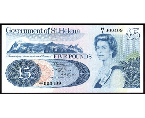 Saint Helena, P 7a, Linzmayer B303a, Government of St. Helena, 5 Pounds, (1976). Views of the island at left, portrait of Que