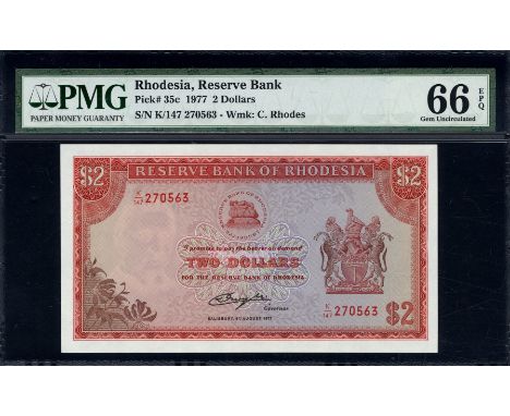 Rhodesia, P 35c, Linzmayer B108a, Reserve Bank of Rhodesia, 2 Dollars, 5 August 1977. Flowers; leaves; bank logo; coat of arm