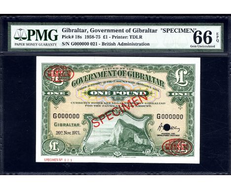 Gibraltar, P 18s, Linzmayer B116gs1, Government of Gibraltar, 1 Pound, 20 November 1971, SPECIMEN. Rock of Gibraltar on front