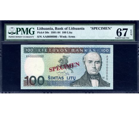 Lithuania, P 50as, Linzmayer B161s, Lietuvos Bankas, 100 Litu, 1991, SPECIMEN. Vytis (The Chaser; knight with sword and shiel