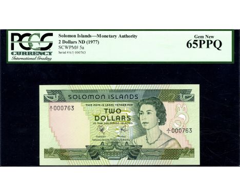 Solomon Islands, P 5a, Linzmayer B101a, Solomon Islands Monetary Authority, 2 Dollars, (1977), LOW SERIAL NUMBER. Portrait of