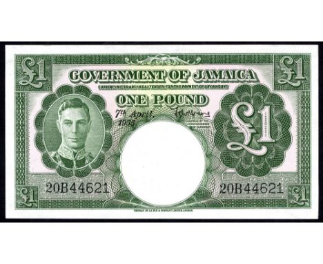 Jamaica, P 41b, Linzmayer B110g, Government of Jamaica, 1 Pound, 7 April 1955. Portrait of King George VI at left on front.  