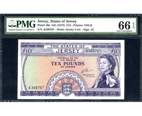 Jersey, P 10a, Linzmayer B110a, The States of Jersey, 10 Pounds, (1972). Coat of arms of Jersey at lower center, portrait of 