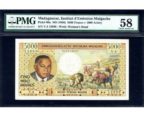 Madagascar, P 60a, Linzmayer B110a, Leclerc/Kolsky 852b, Institut d'Émission Malgache, 5,000 Francs = 1,000 Ariary, (1966). P