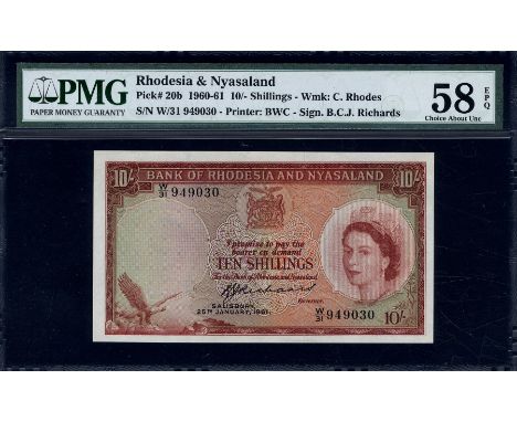 Rhodesia & Nyasaland, P 20b, Linzmayer B101b31, Bank of Rhodesia and Nyasaland, 10 Shillings, 25 January 1961. Fish eagle; co