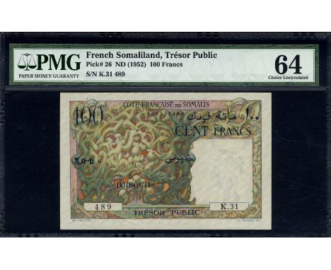French Somaliland, P 26, Trésor Publique, 100 Francs, (1952). Stylized corals on front. Trunk of palm tree on back., # K.31 0