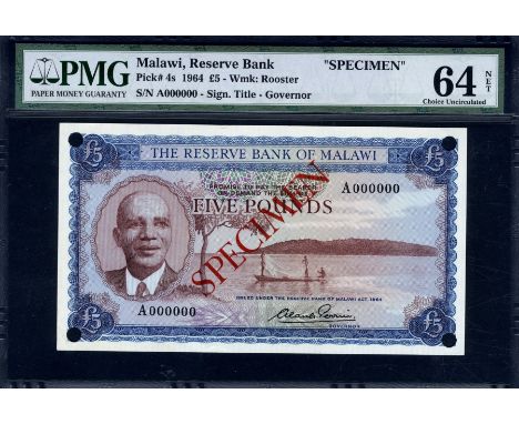 Malawi, P 4s, Linzmayer, B104as, The Reserve Bank of Malawi, 5 Pounds, L.1964, SPECIMEN. Portrait of Dr. Hastings Kamuzu Band
