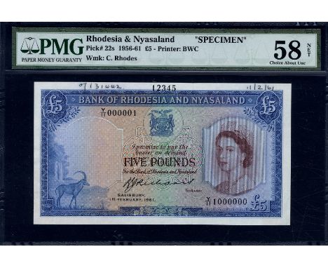 Rhodesia & Nyasaland, P 22s, Linzmayer B103b11s, Bank of Rhodesia and Nyasaland, 5 Pounds, 1 February, 1961, SPECIMEN. Sable 