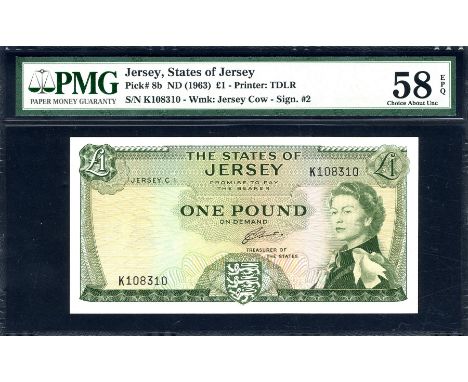 Jersey, P 8b, Linzmayer B108c, The States of Jersey, 1 Pound, (1963). Coat of arms of Jersey at lower center, portrait of Que