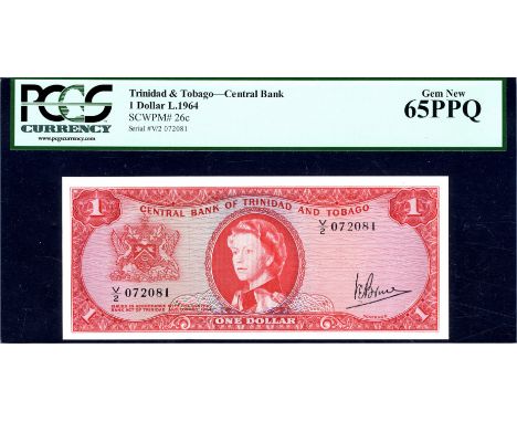 Trinidad and Tobago, P 26c, Linzmayer B201d, Central Bank of Trinidad and Tobago, 1 Dollar (1964). Arms at left, portrait of 