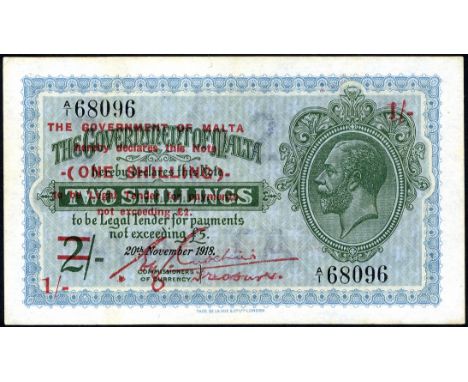 Malta, P 15, Linzmayer B114b, The Government of Malta, 1 Shilling on 2 Shillings, (1940 - old date 20.11.1918). Portrait of K