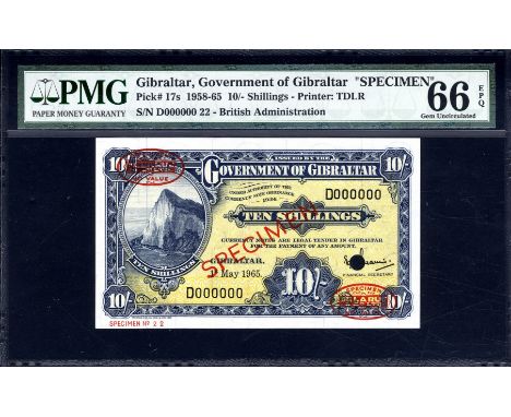 Gibraltar, P 17s, Linzmayer B115es, Government of Gibraltar, 10 Shillings, 1 May 1965, SPECIMEN. Rock of Gibraltar on front. 
