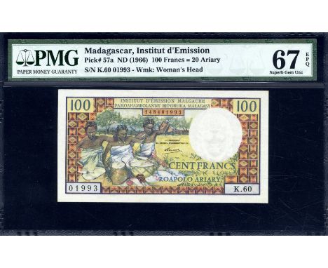 Madagascar, P 57a, Linzmayer B107b, Leclerc/Kolsky 816b, Institut d'Émission Malgache, 100 Francs =20 Ariary. Three seated Ma