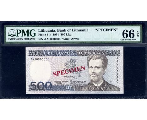 Lithuania, P 51s, Linzmayer B162as, Lietuvos Bankas, 500 Litu, 1991, SPECIMEN.  Vytis (The Chaser; knight with sword and shie