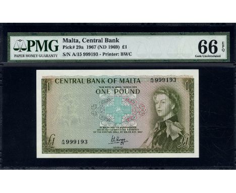 Malta, P 29a, Linzmayer B202a, Central Bank of Malta, 1 Pound, L.1967. George Cross at center, portrait of Queen Elizabeth II