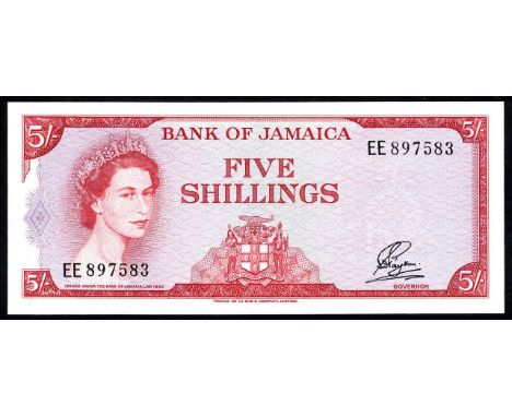 Jamaica, P 49, Linzmaye B201a, Bank of Jamaica, 5 Shillings, L.1960. Portrait of Queen Elizabeth II at left, coat of arms of 