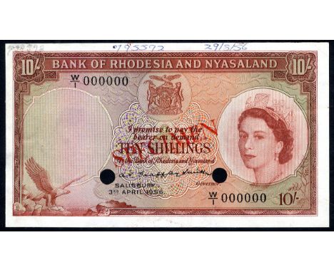 Rhodesia & Nyasaland, P 20s, Linzmayer B101a1as, Bank of Rhodesia and Nyasaland, 10 Shillings, 3 April 1956, SPECIMEN. Fish e