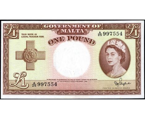 Malta, P 24b, Linzmayer B123b, Government of Malta, 1 Pound, L.1949. George Cross at left, portrait of Queen Elizabeth II at 