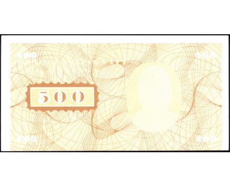 Katanga, P 9p, Linzmayer B207p, Banque Nationale du Katanga, 500 Francs, PROOF. Signature Tshimwahnga (on back). Civic Theatr