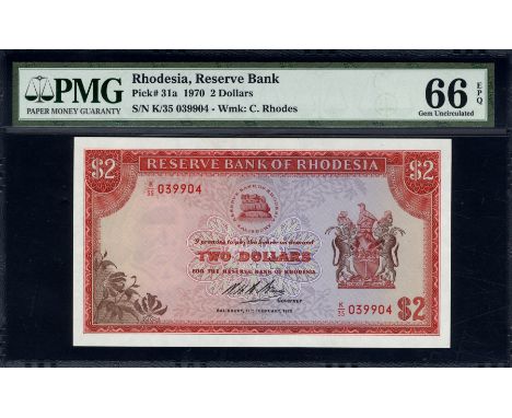 Rhodesia, P 31a, Linzmayer B108a, Reserve Bank of Rhodesia, 2 Dollars, 17 February 1970. Flowers; leaves; bank logo; coat of 