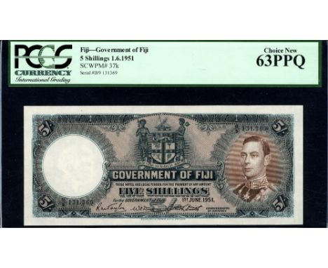 Fiji, P 37k, Government of Fiji, 5 Shillings, 1 June 1951. Coat of arms of Fiji at upper center, portrait of King George VI a