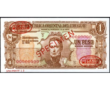 Uruguay, P 35cs, Republica Oriental del Uruguay, 1 Peso, L. 2 January 1939, SPECIMEN. Coat of arms of Uruguay at upper left, 